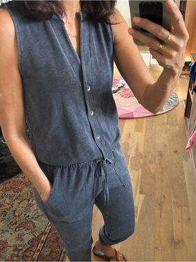 Splendid Slate Blue Button-Front Sleeveless Jumpsuit